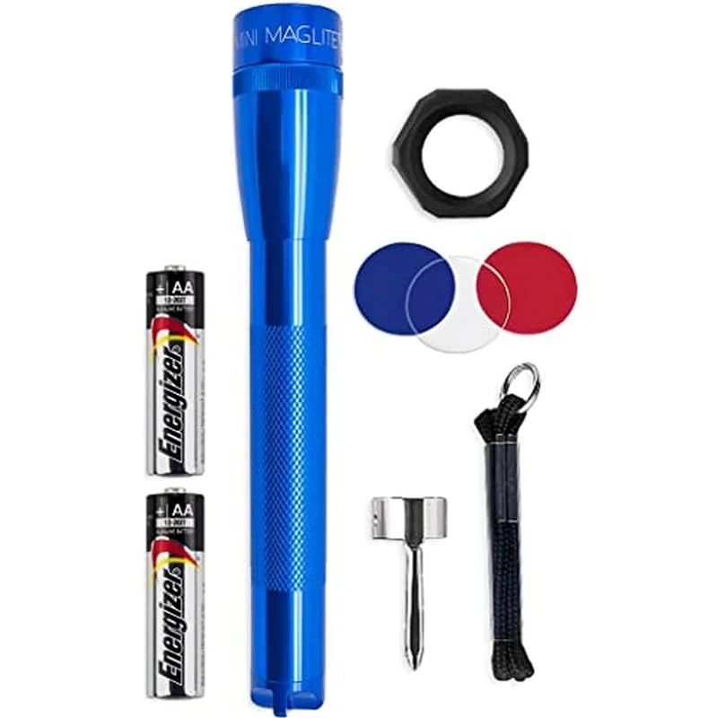MagLite Mini LED Flashlight - Ultra Bright 127 Lumens, Adjustable Beam, Water-Resistant IPX4, Shock Resistant, 2 Power Modes, includes 2 AA Premium Alkaline Batteries - (Combo Pack, Blue)