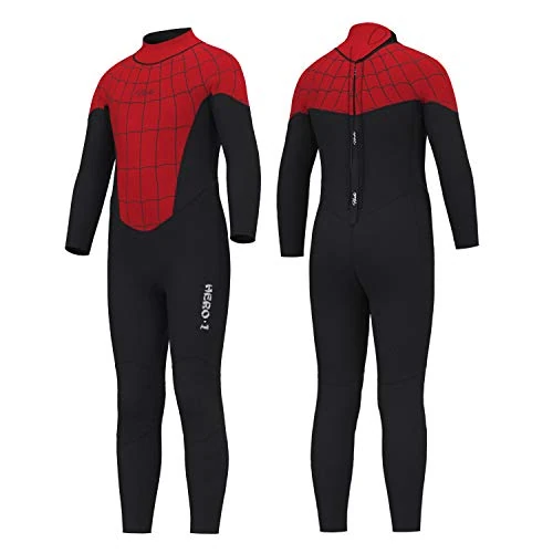 Hevto Wetsuits Kids and Youth 3mm Neoprene Full Suits Long Sleeve Surfing Swimming Keep Warm Back Zip for Water Sports (KL3-Red, 16)