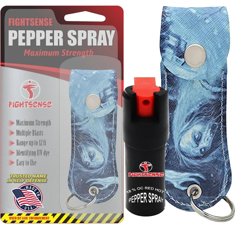 FIGHTSENSE Self Defense Pepper Spray - 1/2 oz Compact Size Maximum Strength Police Grade Formula Best Self Defense Tool for Women W/Leather Pouch Keychain (Zombie)