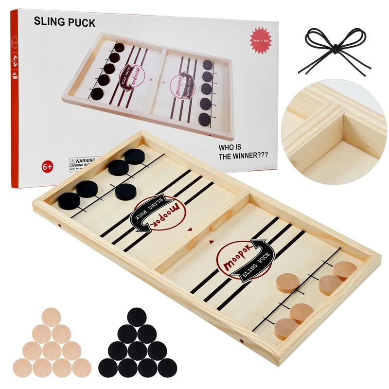 moopok Fast Sling Puck Game - Fast Action Super Foosball Table Desktop Battle Slingshot Wooden Air Hockey Board Game -Guaranteed Fun for Family Game Night or Friends Party