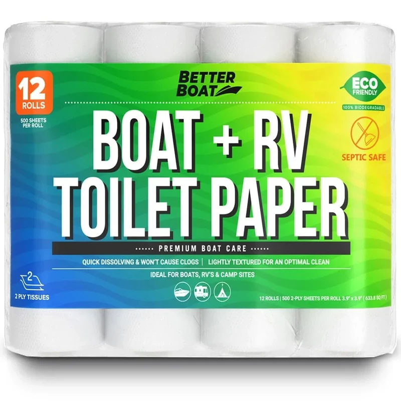 RV Toilet Paper 12 Rolls (500 Sheets Each) - Rapid Dissolving 2-Ply, Septic Safe for Camper & Marine, Individually Wrapped Camping Tissue - Better Boat