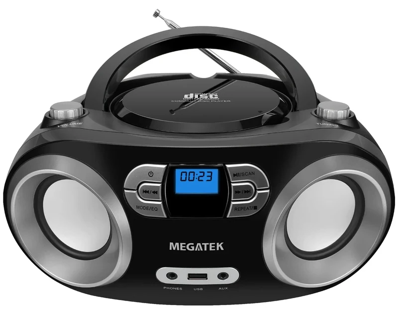 MEGATEK Portable CD Boombox with Bluetooth, FM Radio, USB - Black
