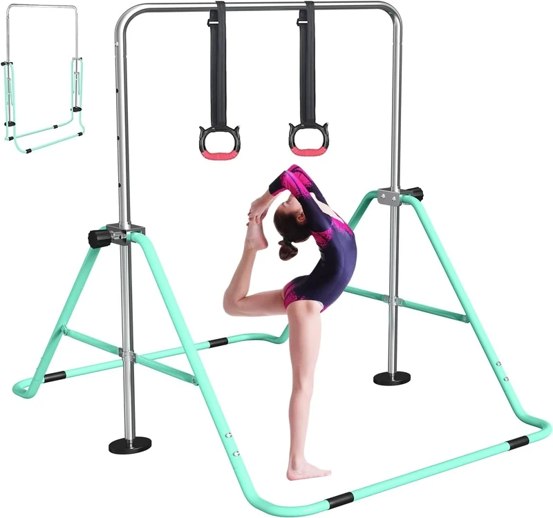 FBSPORT Gymnastics Bar for Kids with Rings,Adjustable Height Gymnastic Horizontal Bars Junior Training Bar Children Folding Training Monkey Bars for Home Using