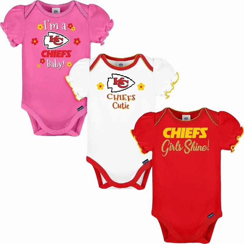 Gerber NFL Kansas City Chiefs 3 Pack Short Sleeve Bodysuit, red/White/Pink Kansas City Chiefs, 0-3 Months