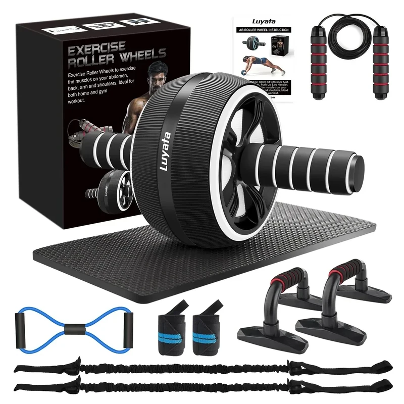 Ab Roller Wheel, 10-In-1 Ab Exercise Wheels Kit with Resistance Bands, Knee Mat, Jump Rope, Push-Up Bar - Home Gym Equipment for Men Women Core Strength & Abdominal Exercise (Black)