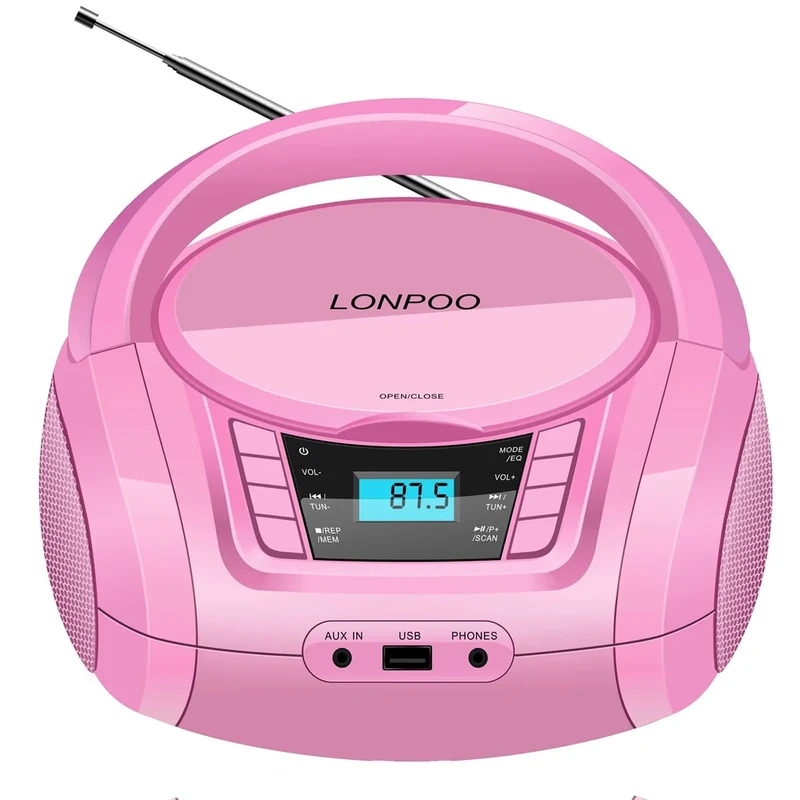LONPOO Portable Boombox - CD Player, Bluetooth, USB, MP3, AUX, FM Radio, Portable, Built-in Stereo Speakers, Carrying Handle, LCD Display, Pink