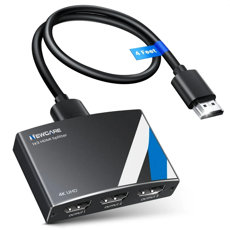 NEWCARE 4K HDMI Splitter 1 in 3 Out with 4ft Cable & Power Adapter