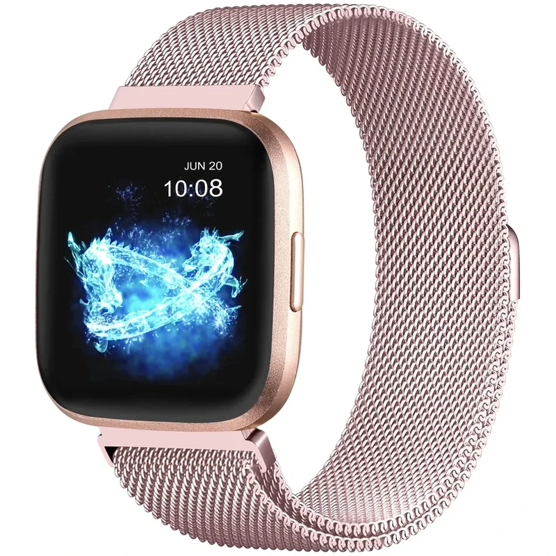ZWGKKYGYH Compatible with Fitbit Versa and Versa 2 Bands for Women Men, Rose Gold Stainless Steel Metal Mesh Magnetic Band Bracelet Strap Replacement for Fitbit Versa/Versa Lite SE, Large