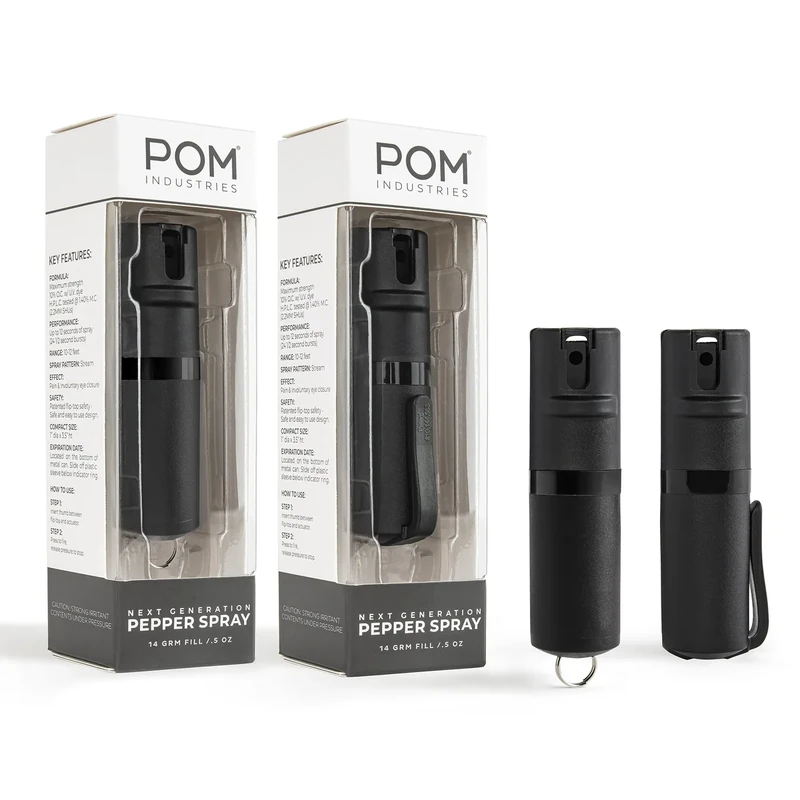 POM Pepper Spray Combo Pack Clip & Keychain - Maximum Strength OC Spray Self Defense- Tactical Compact & Safe Design - 25 Bursts & 10 ft Range - Stream Spray Pattern
