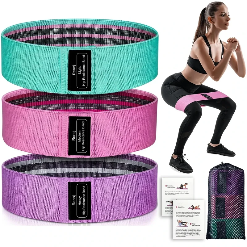 Renoj Resistance Bands for Working Out: 3-Set Professional Exercise Bands for Pilates, Yoga, Home Gym, Booty, Leg Training | Heavy/Medium/Light Fabric Loops for Women Men