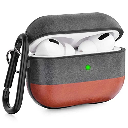 V-MORO Compatible with Airpods Pro Case Genuine Leather Airpod Pro Case Cover for Airpods Pro [Front LED Visible] Protective Skin Mixcolor Gray/Brown