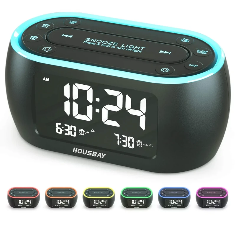 HOUSBAY Glow Alarm Clock Radio - 7 Color Light Dual Alarm USB Charger