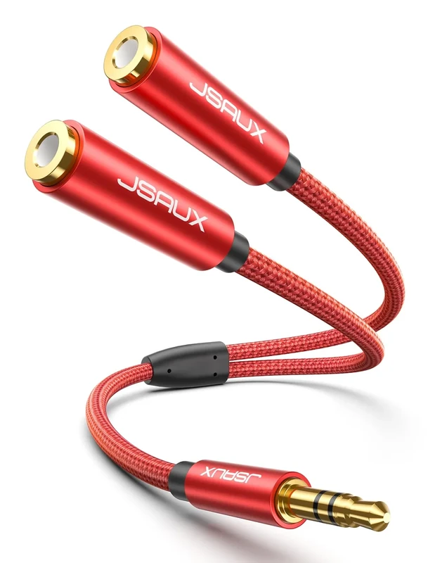 JSAUX Red 3.5mm Headphone Splitter 2 Female to 1 Male - PS4/PS5/Xbox