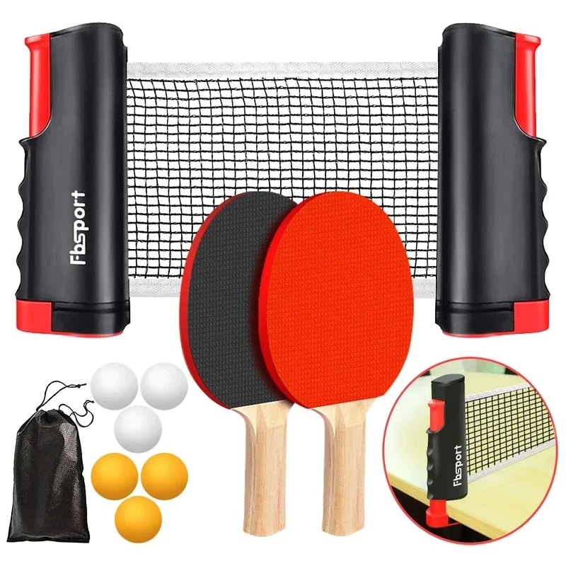 FBSPORT Ping Pong Paddle Set, Portable Table Tennis Set with Retractable Net,Rackets,Balls and Carry Bag for Indoor/Outdoor Games