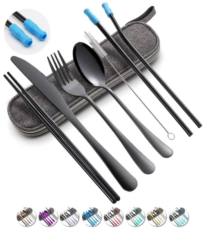 Travel Utensils Set with Case Reusable Portable Cutlery Set Stainless Steel 8pcs Including Dinner Knife Fork Spoon Chopsticks straws(Black)
