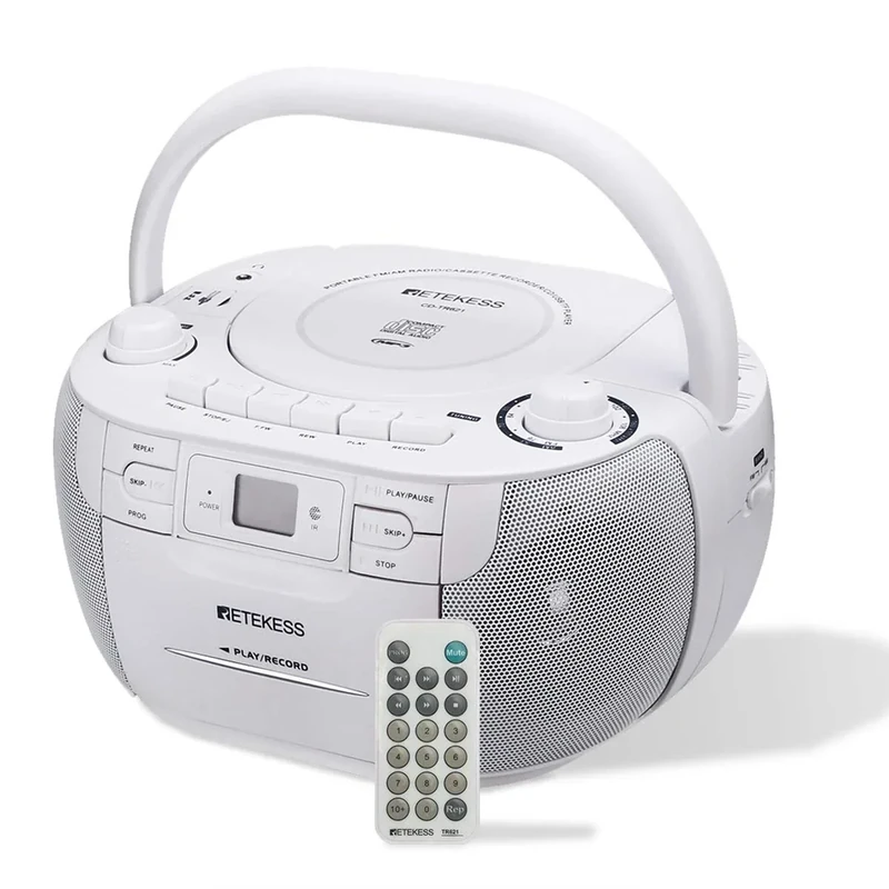 Retekess TR621 CD and Cassette Player Combo, Boombox CD Player for Home, AM/FM, Tape Recording, TF/USB Drive, AC or D Battery Powered, Headphone Jack, Stereo Sound (White)
