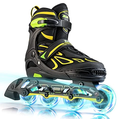 2PM SPORTS Vinal Girls Adjustable Flashing Inline Skates, All Wheels Light Up, Fun Illuminating for Kids and Women - Yellow L