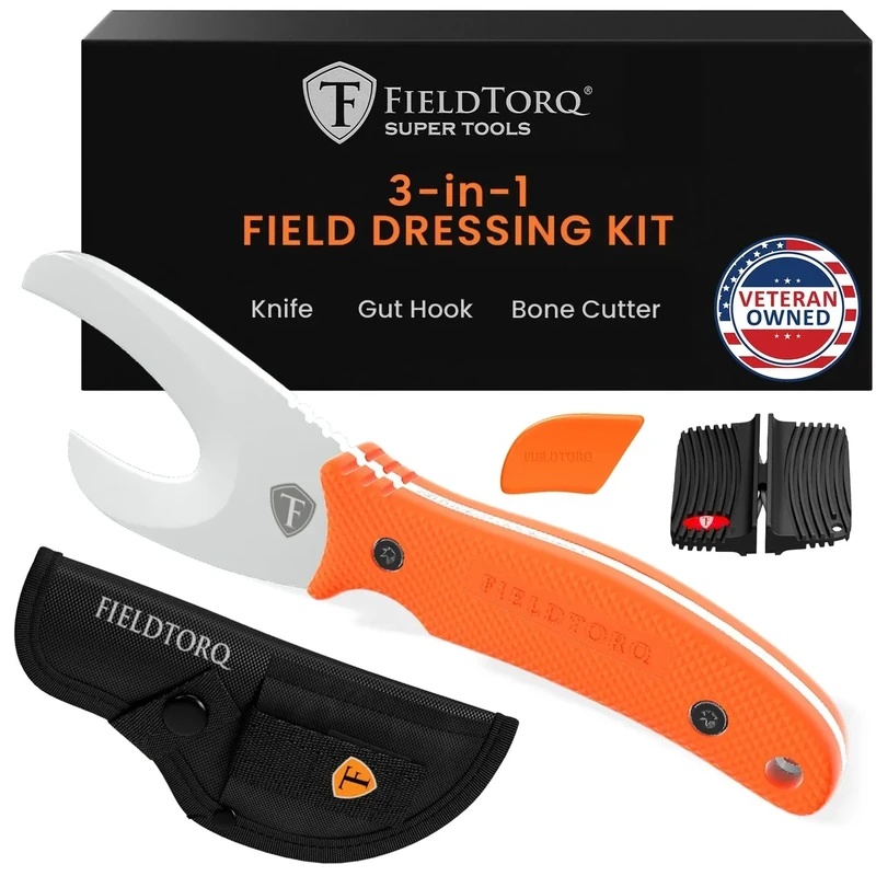 FieldTorq Field Dressing Kit | 3-in-1 Super Tool with Sheath & Sharpener | Skinning Knife for Hunting | Gut Hook | Deer Hunting Knife Set | FRN