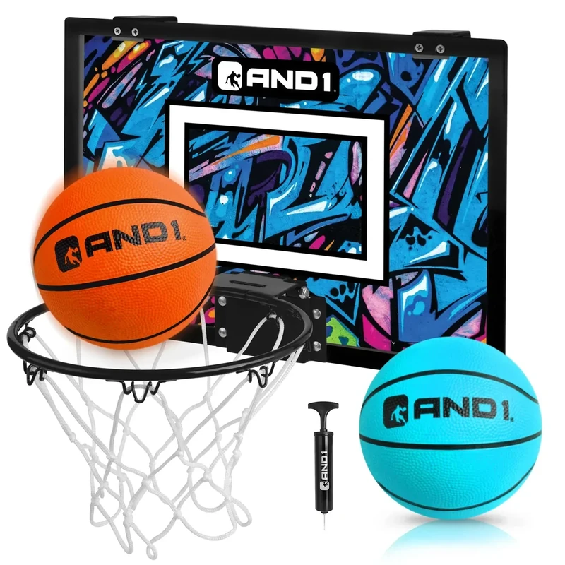 AND1 Mini Basketball Hoop: 18”x12” Pre-Assembled Portable Over The Door with Flex Rim, Includes Two Deflated 5” Mini Basketball with Pump, for Indoor, Orange/Light Blue