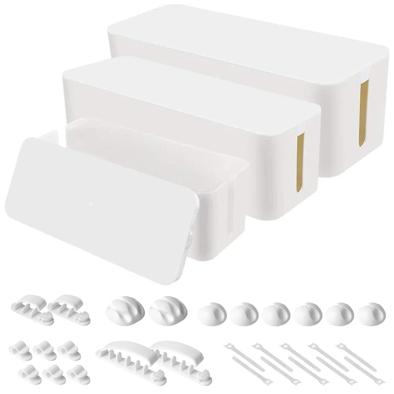 Chouky Cable Organizer Box Set of 3 - Large, Medium, Small (White)