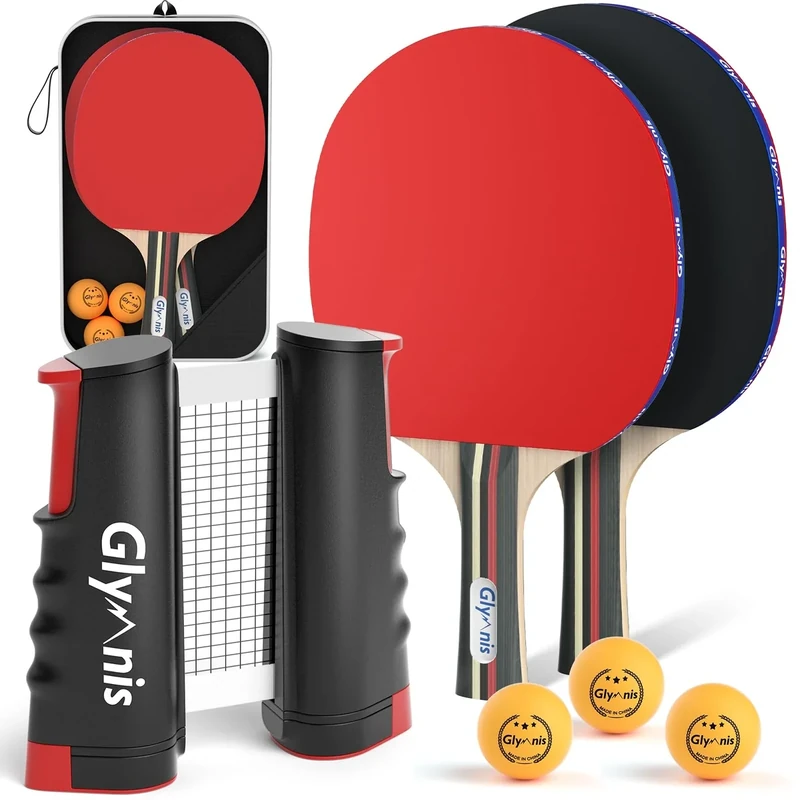 Glymnis Ping Pong Paddle Set Table Tennis Set with Retractable Net, Table Tennis Rackets, Balls and Carry Bag, Ping Pong Game Accessories for Indoor Outdoor