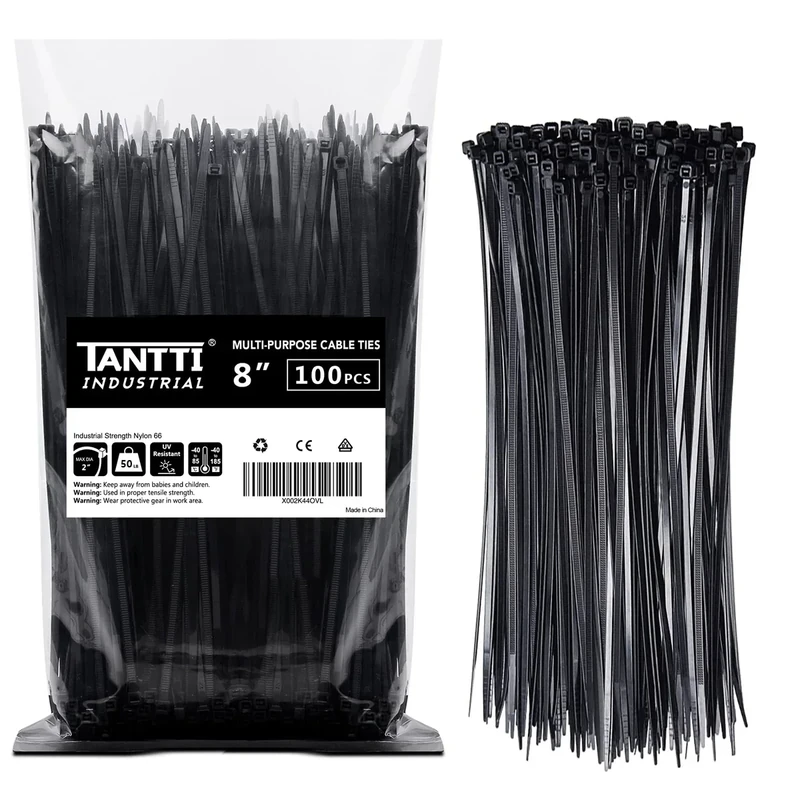 TANTTI 8-Inch Black Zip Ties - 50lb Tensile UV Resistant 100 Pack