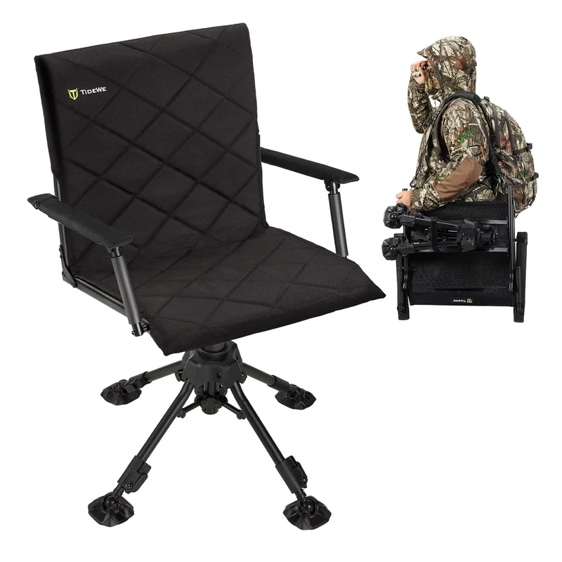 TIDEWE Hunting Chair with Seat Cover, 360 Degree Silent Swivel Blind Folding Chair, 4 Legs Adjustable Height Hunting Seats with Armrest, Portable Comfortable Stable Ground Hunting Chair
