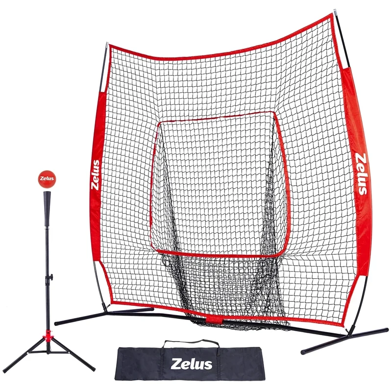 ZELUS 7x7ft Baseball Softball Practice Net | Portable Baseball Net with Tee, 2.8" 16oz Weighted Baseball and Carry Bag for Batting Hitting and Pitching