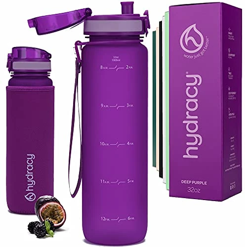 Hydracy Water Bottle with Time Marker -Large 32 oz BPA Free Water Bottle & No Sweat Sleeve -Leak Proof Gym Bottle with Fruit Infuser Strainer & Times to Drink -Ideal Gift for Fitness Sports & Outdoors