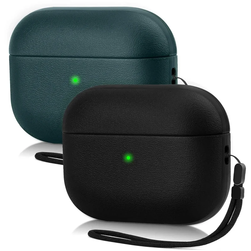 JIELIELE Upgrade Cover Compatible with Airpods Pro Case, Leather Texture Full-Body Protective Case Cover Compatible with Airpods Pro,Wireless Charging and Front LED Visible Matte Black&Midnight Green