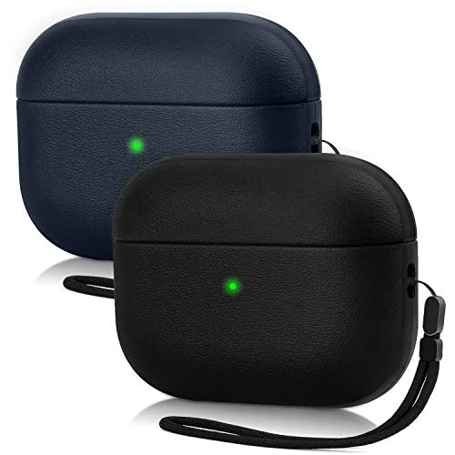 JIELIELE Upgrade Cover Compatible with Airpods Pro Case, Leather Texture Full-Body Protective Case Cover Compatible with Airpods Pro,Wireless Charging and Front LED Visible (Matte Black&Navy Blue)