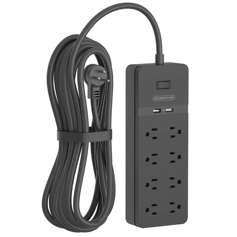 25 ft Extension Cord Flat Plug, NTONPOWER 8 Outlet Surge Protector Power Strip with 4 USB Ports(2 USB C), 15A Circuit Breaker, Wall Mount Surge Protector for Home, Office, Workbench or Garage,Black