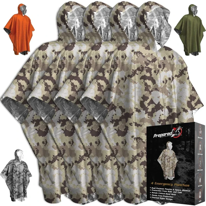 PREPARED4X Emergency Poncho & Mylar Blanket - Heavy Duty, Waterproof, Wind-Resistant Green Rain Gear for Outdoors, Camping & Car Emergency Kits - Thermal Poncho - 4 Pack (Brown Camo)