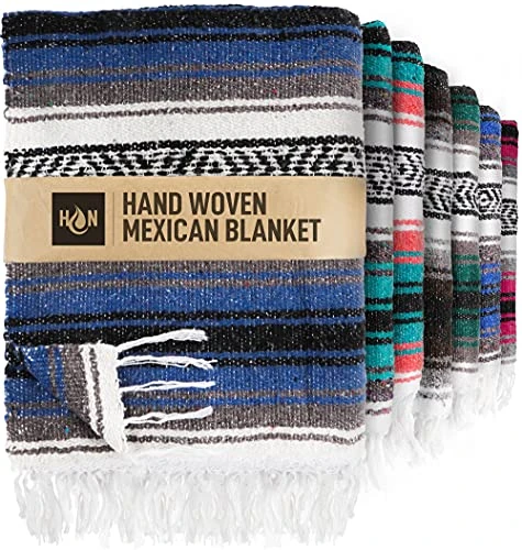 Authentic Extra Large Mexican Blanket - 70"x50" Handwoven Yoga, Serape, Artisanal Falsa, Beach, Camping, Picnic, Outdoor Blanket (Petroleum)