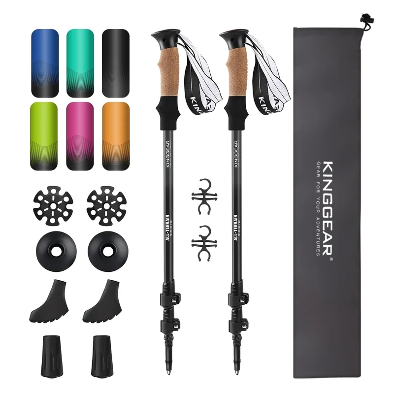 KINGGEAR Nordic Walking Stick, TP1 Hiking Poles Retractable Lightweight 7075 Aluminum, Trekking Poles with Flip Lock, Natural Cork and EVA Grip, 2pc Hiking Gear