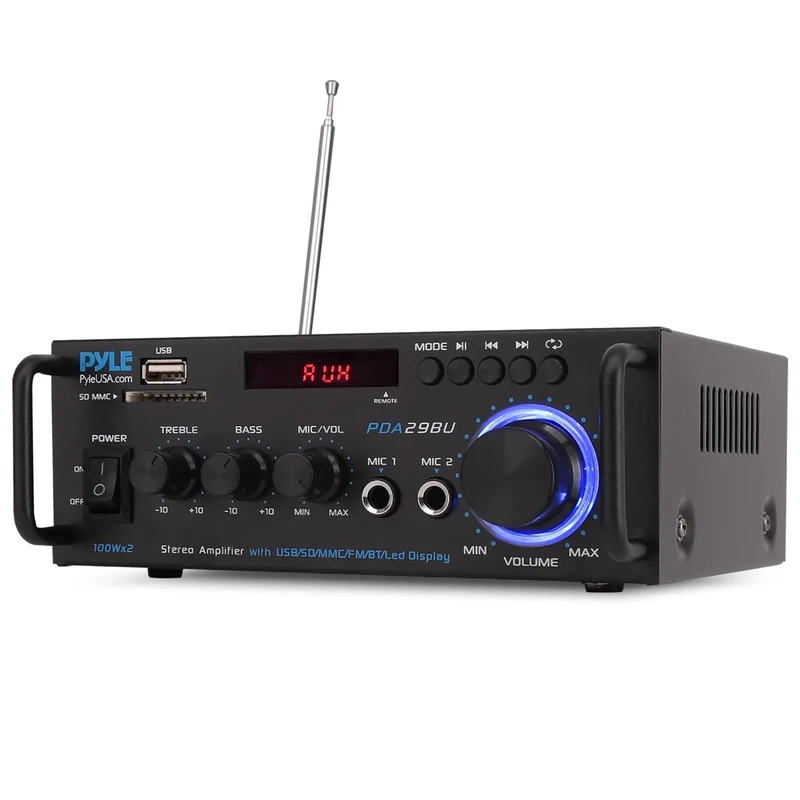 Pyle 200W Bluetooth Compact Power Amplifier - Wireless 2 Channel Audio Receiver with Dual Karaoke Mic Input - RCA - USB-A + SD Card MP3 Player - FM Radio - AUX In - Remote Control - PDA29BU