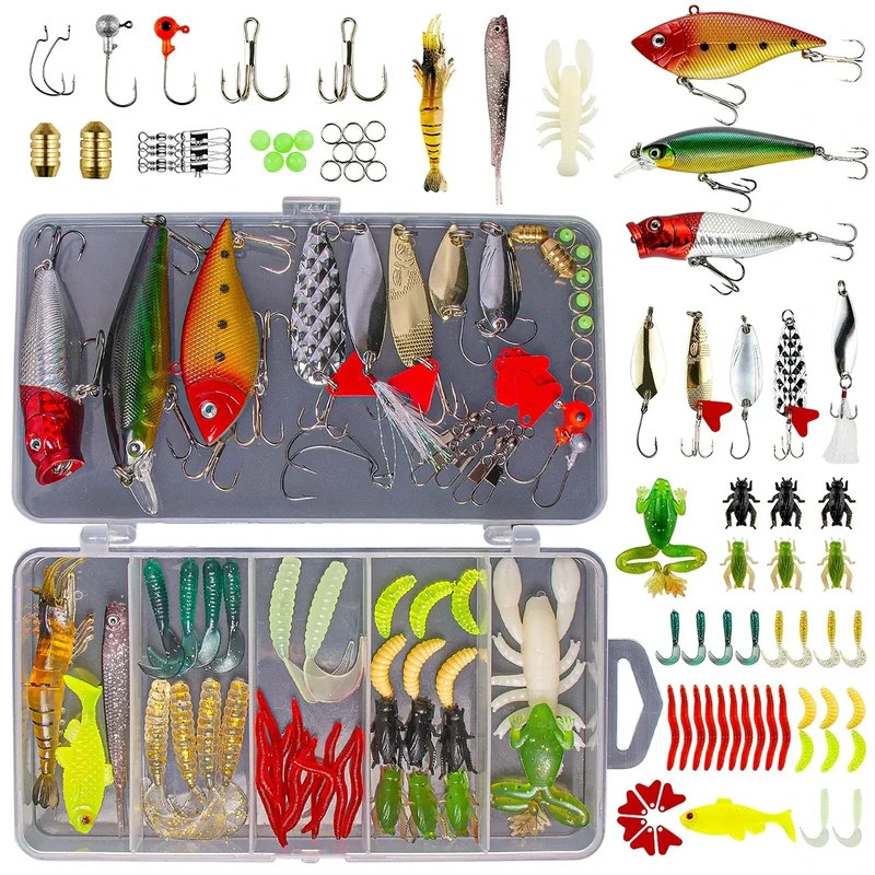 GOANDO Fishing Lures Kit for Freshwater Bait Tackle Kit for Bass Trout Salmon Fishing Accessories Tackle Box Including Spoon Lures Soft Plastic Worms
