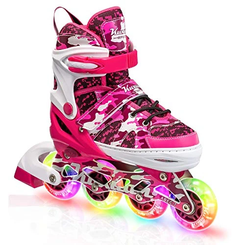 Kuxuan Skates Adjustable Inline Skates for Kids and Youth with Full Light Up Wheels Camo Outdoor Fun Illuminating Skates for Girls and Boys Beginner