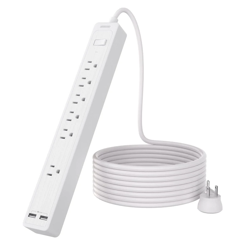 NTONPOWER 15ft Power Strip - 6 Outlets, 2 USB, 1875W, Flat Plug