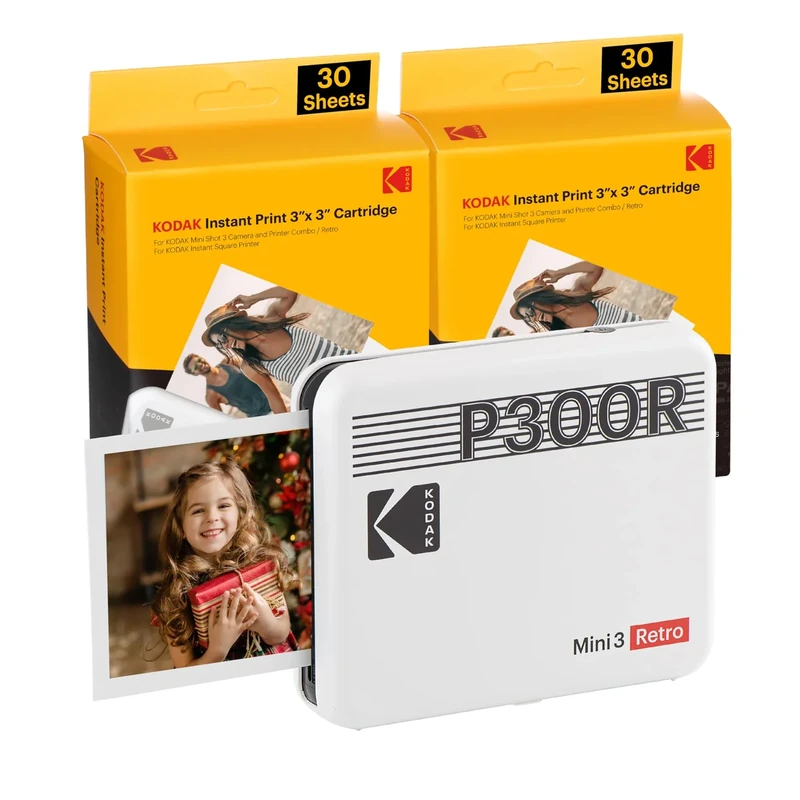 KODAK Mini 3 Retro Photo Printer 3x3" - 8+60 Sheet Pack, White