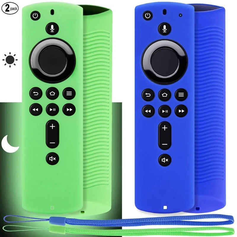 Pinowu Firestick Remote Cover Case (2 Pack), Silicone Protective Case Compatible with Fire TV Stick 4K (2018) Alexa Voice Remote Control, Lightweight Anti Slip Shockproof (Green Glow& Blue Not Glow)