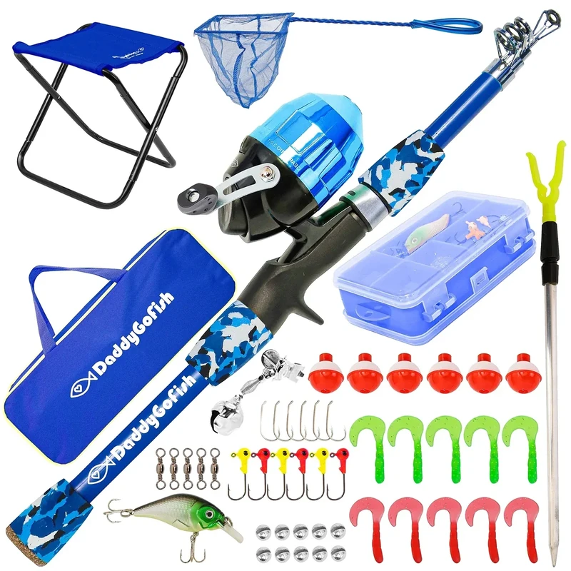 DaddyGoFish Kids Fishing Pole - Rod Reel Combo Tackle Box Starter Set - First Year Small Dock Gear Kit for Boys Girls Toddler Youth Age Beginner Little Children Junior Anglers (Blue, 5ft)