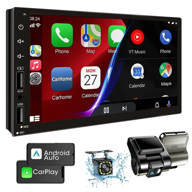 Leadfan Double Din Car Stereo with Dash Cam, Support Apple Carplay and Android Auto, 7INCH Full HD Touchscreen Car Audio Receivers Double Din Radio with Bluetooth, Camera, FM/2 USB/AUX/Subwoofer/SWC