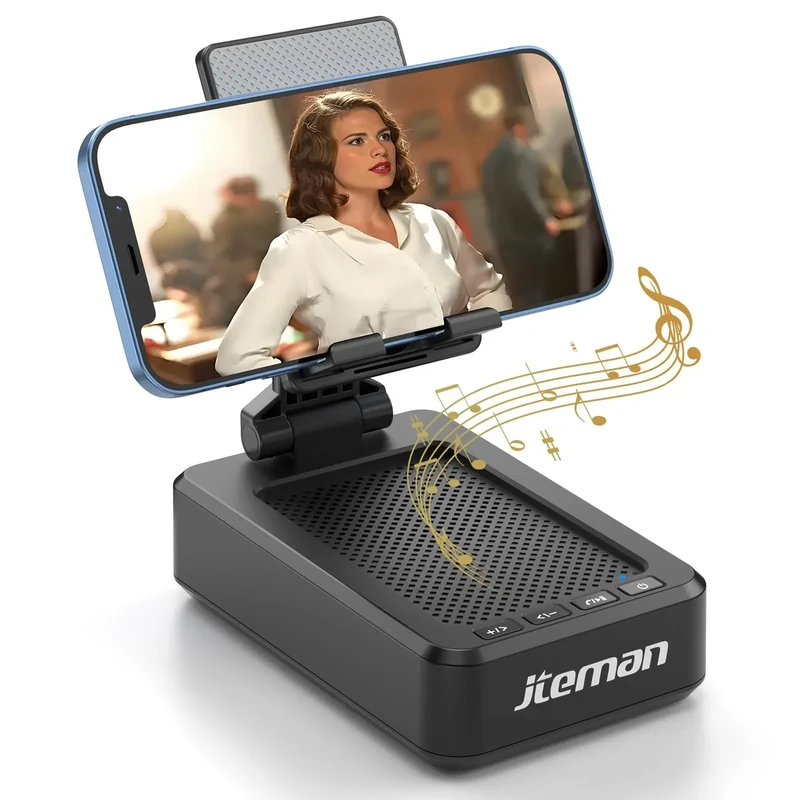 JTEMAN Phone Stand with Bluetooth Speaker - HD Sound, Anti-Slip Base
