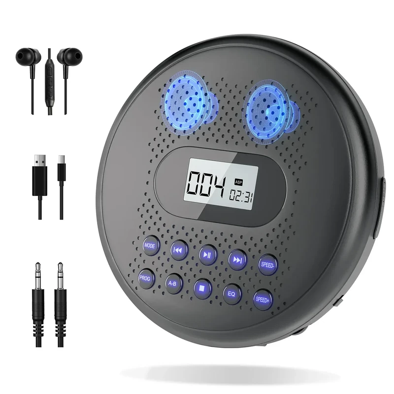 ARAFUNA Portable CD Player with Dual Stereo Speakers, Rechargeable CD Player for Car with Anti-Skip Protection, CD Portable Player with Headphones and AUX Cable