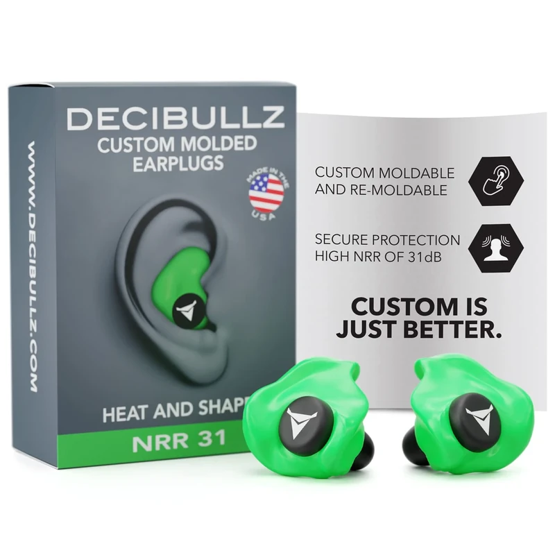 Decibullz - Custom Molded Earplugs, 31dB Highest NRR, Comfortable Hearing Protection for Shooting, Travel, Swimming, Work and Concerts (Green)