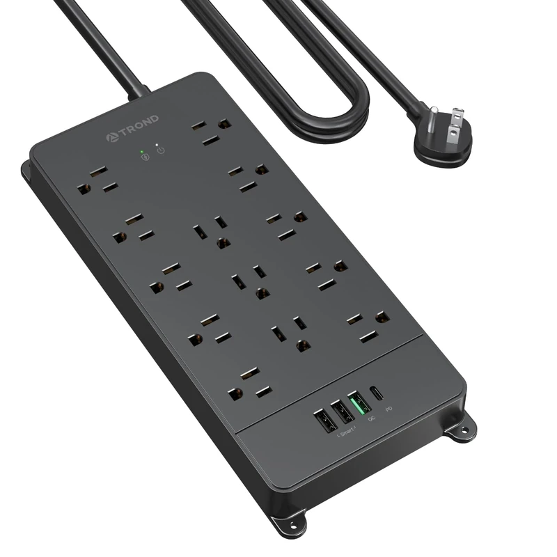 TROND Surge Protector Power Strip, 5ft Heavy Duty Extension Cord with 32W USB C & QC 3.0 Charger, 4000 Joules, ETL Listed, 13 Wide Spaced Outlets, Flat Plug, Wall Mount for Home Office Supplies, Black