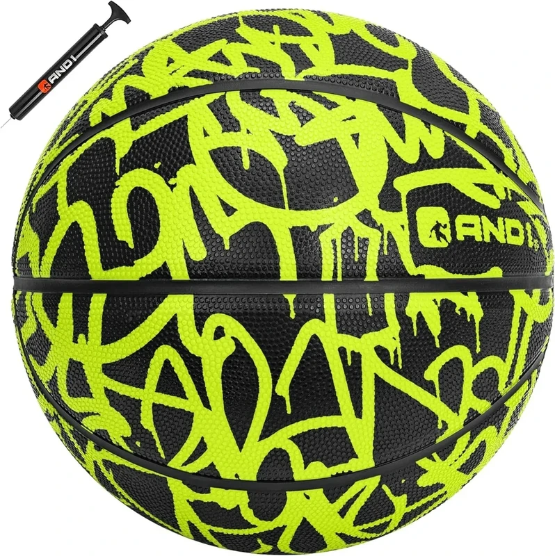 AND1 Fantom Rubber Basketball & Pump (Graffiti Series)- Official Size 7 (29.5”) Streetball, Made for Indoor and Outdoor Basketball Games (Volt)