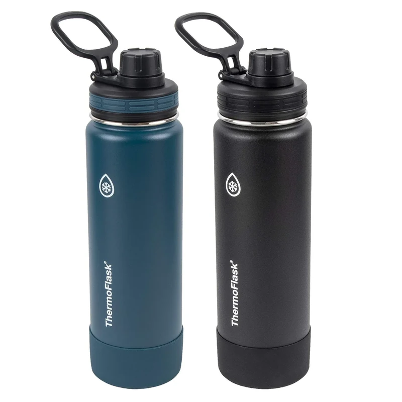 ThermoFlask Bottle with Spout Lid - Stainless Steel Water Bottles with Double-Wall Insulation & BPA-Free Spout Lids - Leak-Proof Reusable Bottles & Lids - 24 oz, Mayan Blue/Black (2 Pack)
