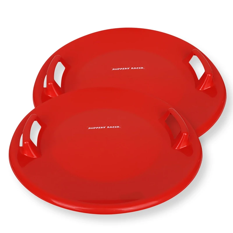 Slippery Racer Heavy-Duty Cold Resistant Downhill Pro Adults and Kids Plastic Outdoor Winter Saucer Disc Snow Sled with Handles-2 Pack (Red-2 Pack)